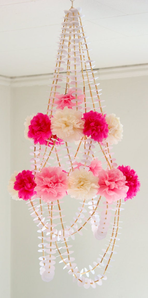 Unique Pom Pom Paper Chandelier Mobile Pink and White
