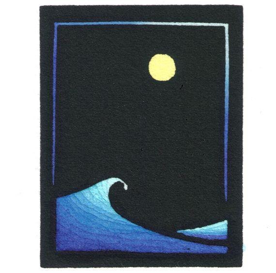 Original Linocut of Wave with Sun/Moon By Ken Swanson