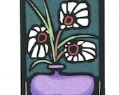 Original Linocut of Flowers in Vase By Ken Swanson