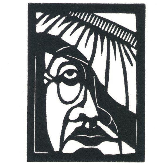 Original Linocut of Woman Wearing a Hat By Ken Swanson