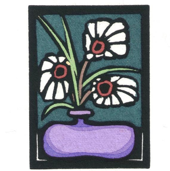 Original Linocut of Flowers in Vase By Ken Swanson