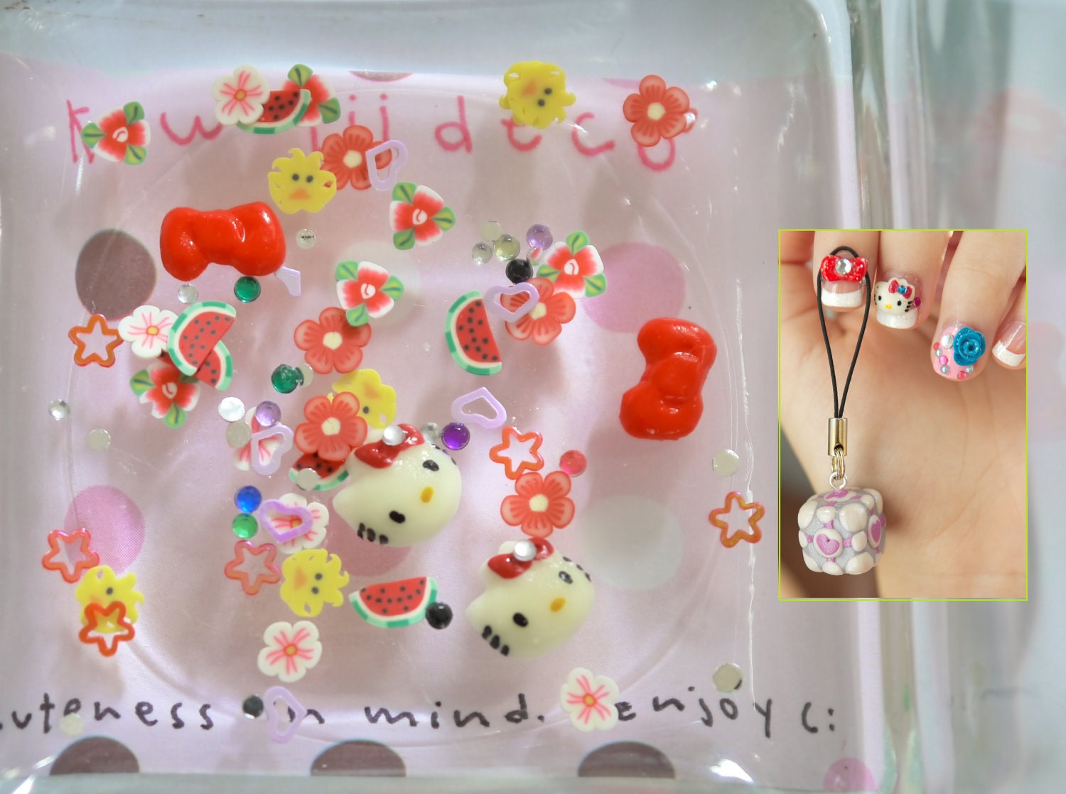 3D Red Hello Kitty & Bow Nail Decal. From kawaiiideco