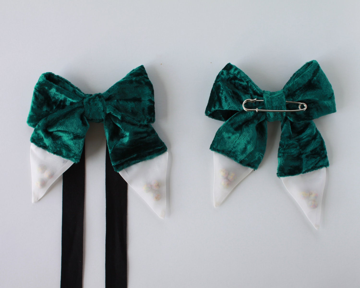 Bow Tie Or Pin Accessory Green Crushed Velvet With White Silk Organza And Pastel Pom Pom Bubbles