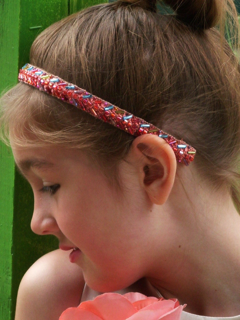 Elegant Vintage Repurposed Beaded Pink Satin Headband Bridal Bridesmaid Flowergirl