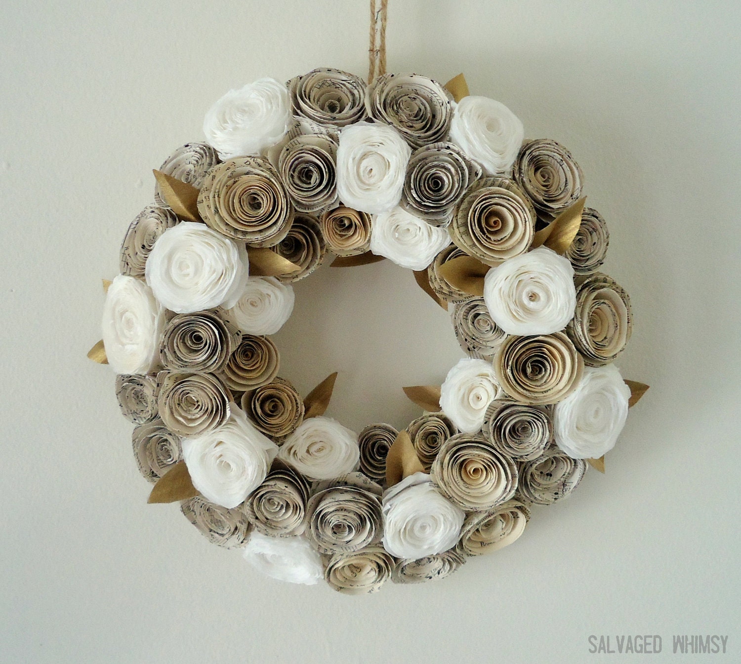 10" Book Page and Coffee Filter Rolled Paper Flower Wreath