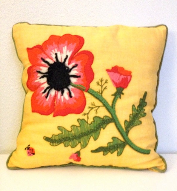 spring floral pillow - bright yellow red green black ladybug poppy embroidery crewel