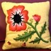 spring floral pillow - bright yellow red green black ladybug poppy embroidery crewel
