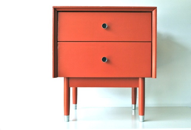 Mid century side table with drawers dark coral