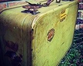 Mid Century Vintage Amelia Earhart Green Luggage with Travel Stickers - GreenDoorTradingCo