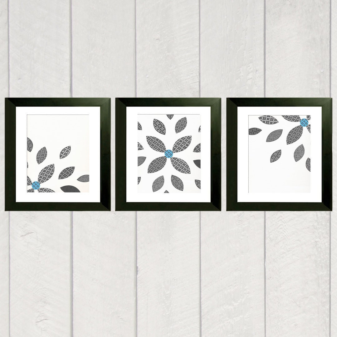 Flower Art Print Set - Blue and Gray - 8x10