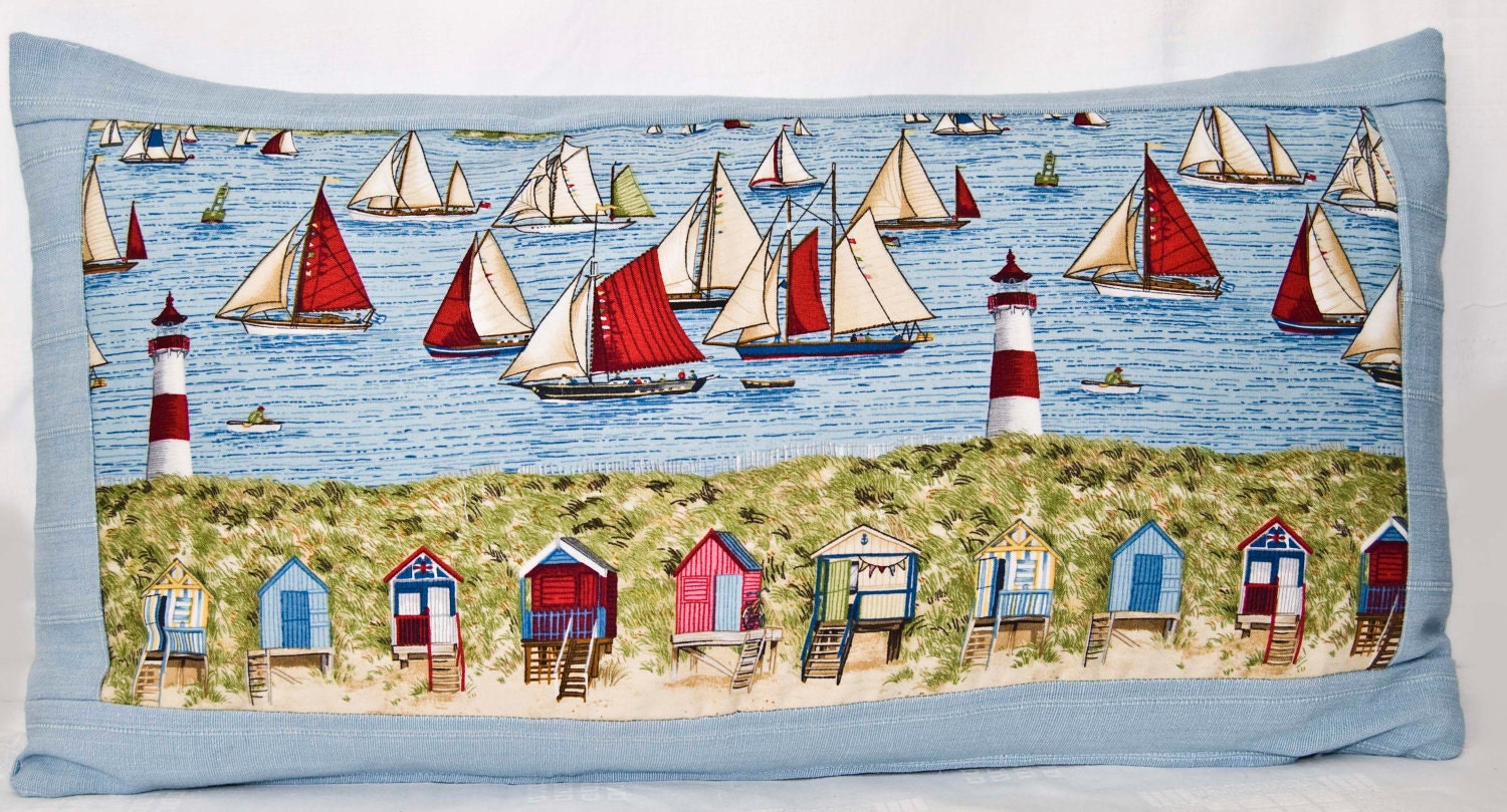 Handmade Lumbar Throw Pillow / Cushion Cover in Beach Hut Nautical Style Fabric with Blue Back