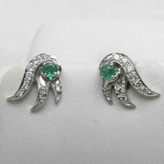 Estate Vintage 1920's Emerald Diamond Earrings 14k white gold green posts pierced ears