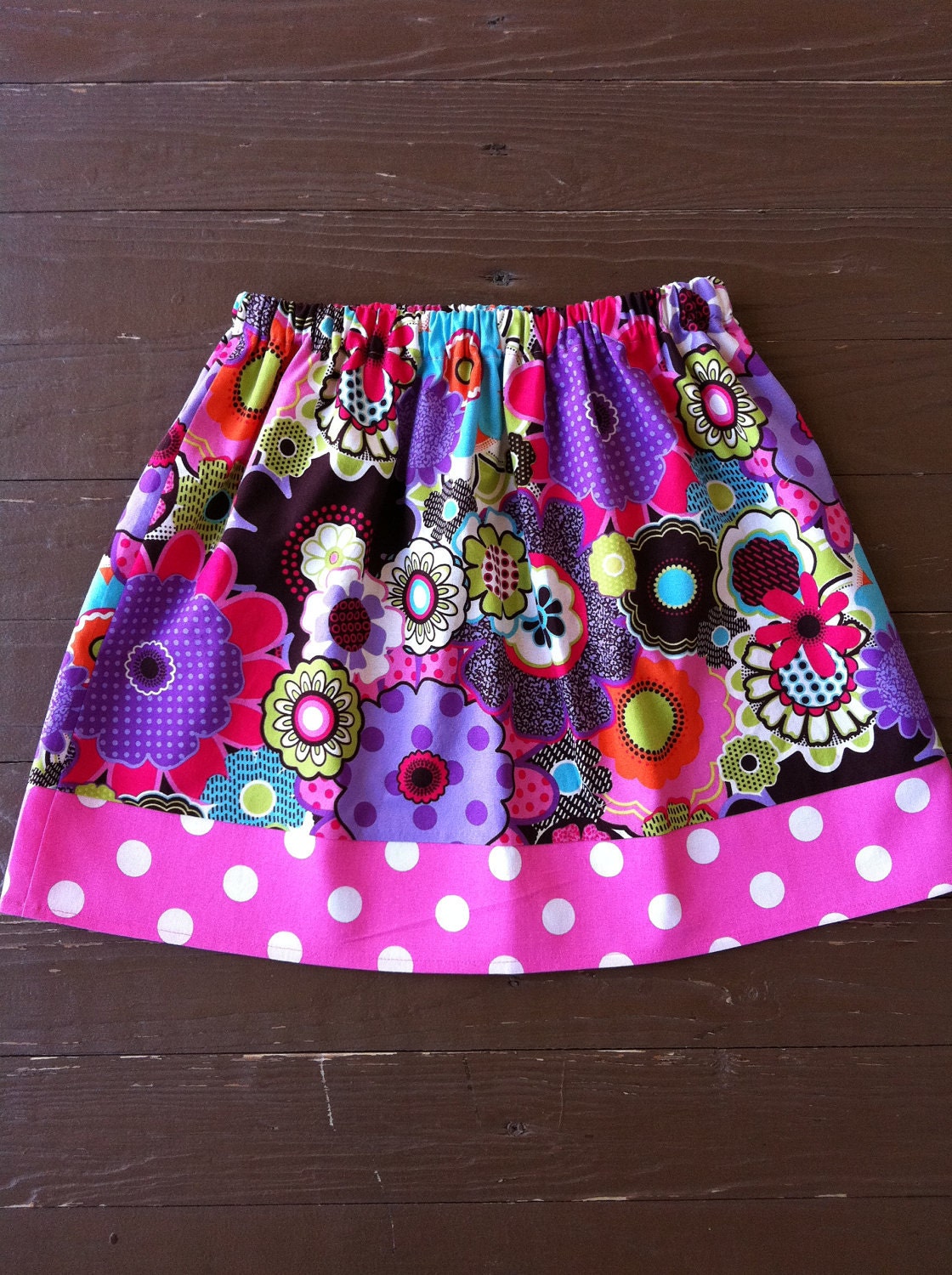 Girls twirly skirt. Purple turquoise lime green flower floral. Pink white mod polka dots.Custom children's clothing. By EverythingSorella.