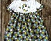 Girls twirly T shirt dress with initial. Aqua, lime green, white, brown, grey mod polkadot. Custom children's clothing By EverythingSorella