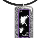 fairies, purple and black, fantasy pendant, Glass tile, rectangle pendant, grey and purple