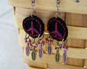 Rustic peace/ Crochet and Embroidered peace sign Earrings/ OOAK boho hand made jewelry
