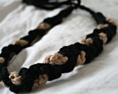 Crochet Braid headband/ black and tan boho braided necklace/ versatile, adjustable hippie crochet accesory