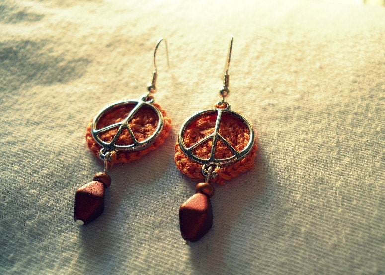 Peachy Peace Earrings/ Crochet peace sign earrings/ rustic jewelry with beads/ Orange and copper boho earrings