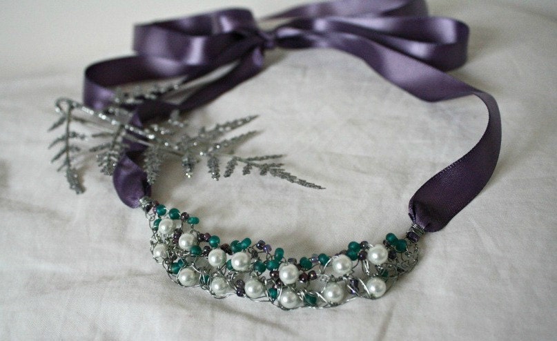 Sea of Dreams/ Pearl ribbon necklace/ crochet beaded and faux glass pearl necklace with lavendar ribbon/ bridesmaid necklace/chunky jewelry