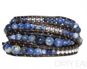 Dirty Earth Graduated Sodalite Wrap Bracelet with Silver Nuggets on Antique Brown Leather