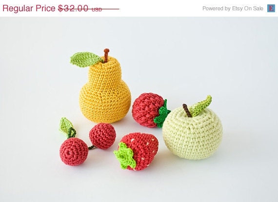 CIJ SALE Crochet baby rattles Fruit - Set of 5 - apple, pear, raspberry, srawberry, cherry - eco friendly, Free Worldwide Shipping - FrejaToys