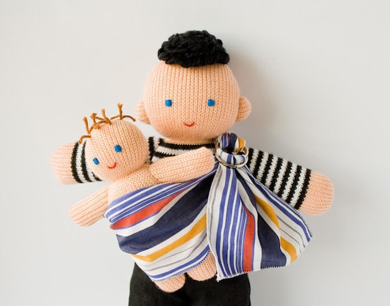 Babywearing Daddy Doll with a Baby Doll - knitted play dolls - eco-friendly, waldorf, babywearing, attachment parenting