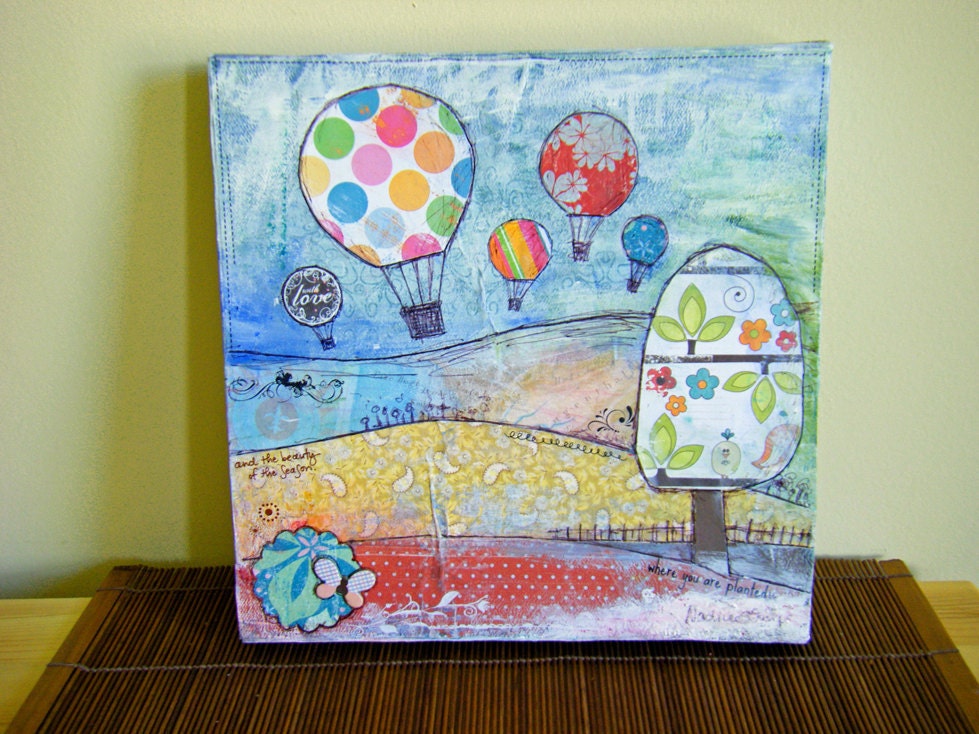Original Mixed Media Painting on Gallery Canvas - Collage - Nursery Art - Up up and away - Hot Air Balloons