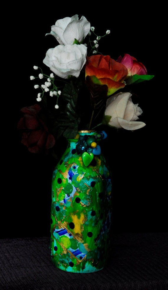 Milk Bottle Vase Multi-Media Green Heart & Bead Adorned