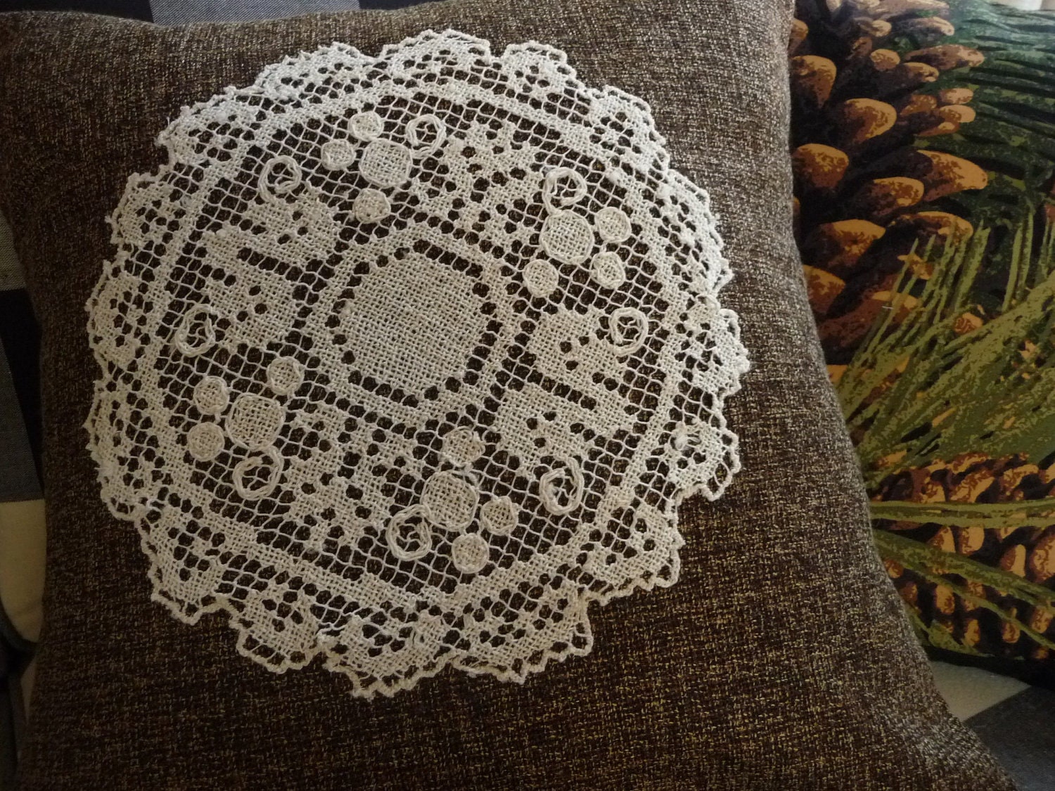 Brown Pillow Cover - Tweed Pillow Cover - Doily Pillow Cover - 16"