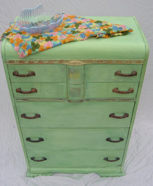 CUSTOM PAINTED DRESSER - For your inspiration - Green Teal Aqua Distressed Gold Highlights