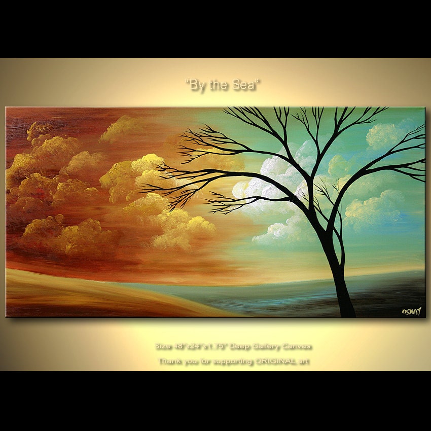 48" Abstract Tree Painting Original Acrylic Landscape Painting Canvas Art by Osnat Tzadok