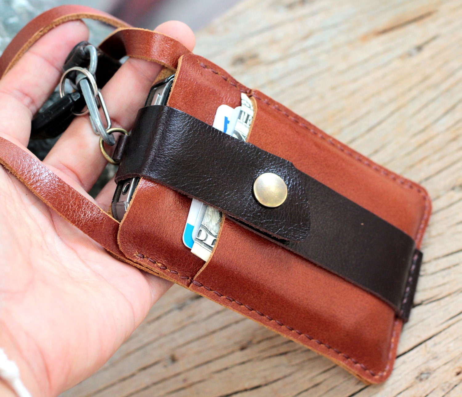 Chocolate brown leather iphone wallet with neck strap