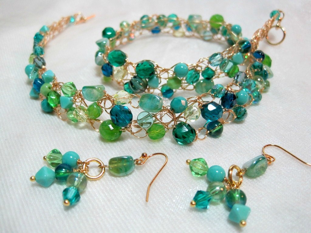 Turquoise, Lime and Teal Beaded Necklace Set, handmade wire crochet jewelry, beadwork necklace