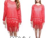 70s red CROCHETED knit FRINGE lace Cut Out  flapper mini dress tunic top