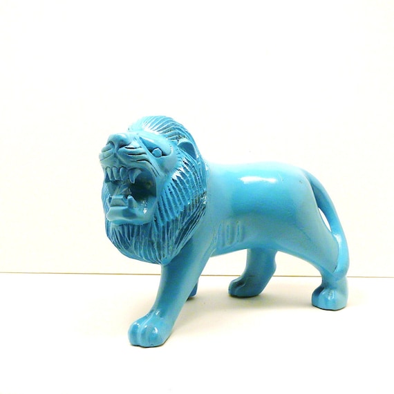 painted lion figurine  //  turquoise, upcycled wood, aqua blue, lions, wood animal, kitsch, safari decor, animals