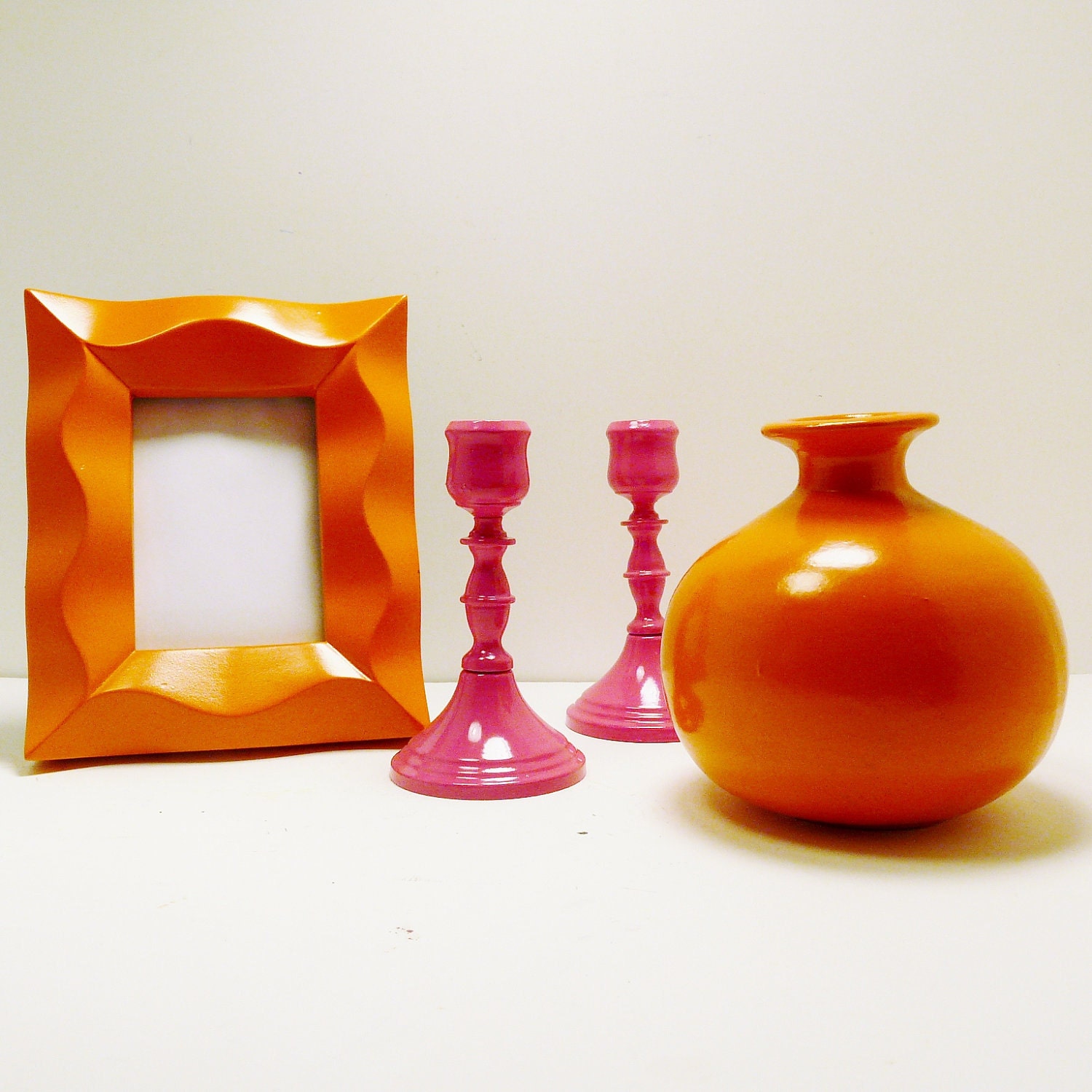 vase, picture frame, candle holders  //  orange hot pink  //  upcycled home decor  //  modern pop color