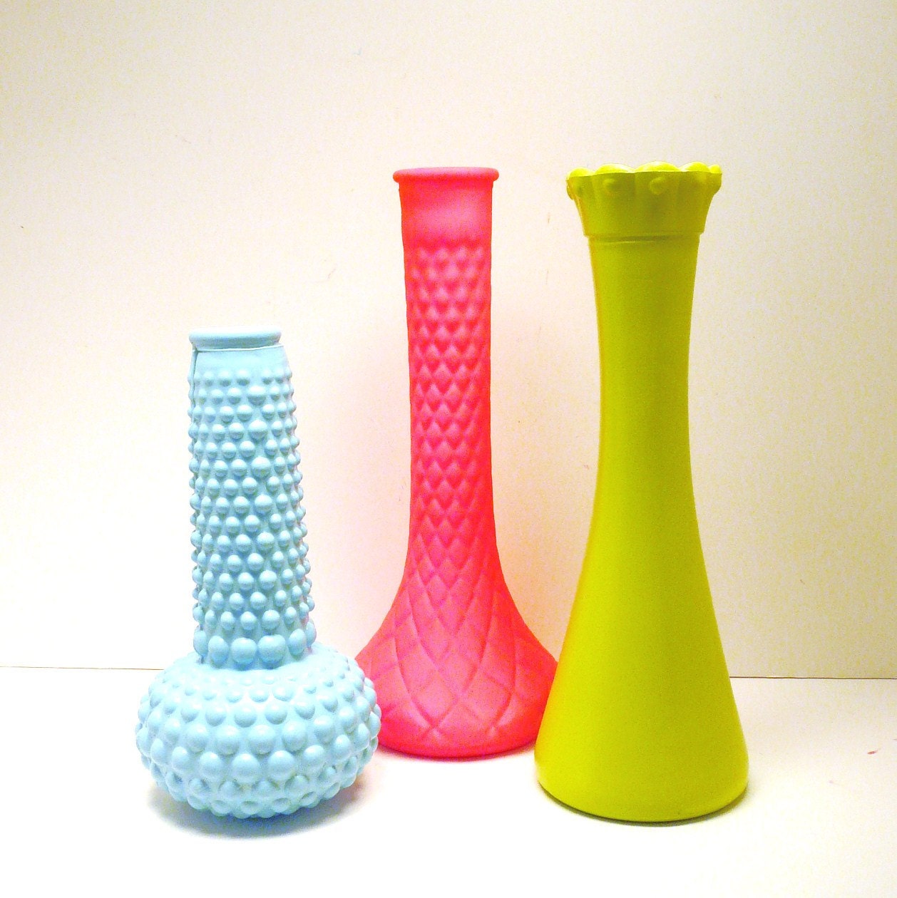 vintage milk glass vase set  //  turquoise, aqua, neon pink, lime green  //  painted vases, mid century decor, upcycled, retro, 60s, mod