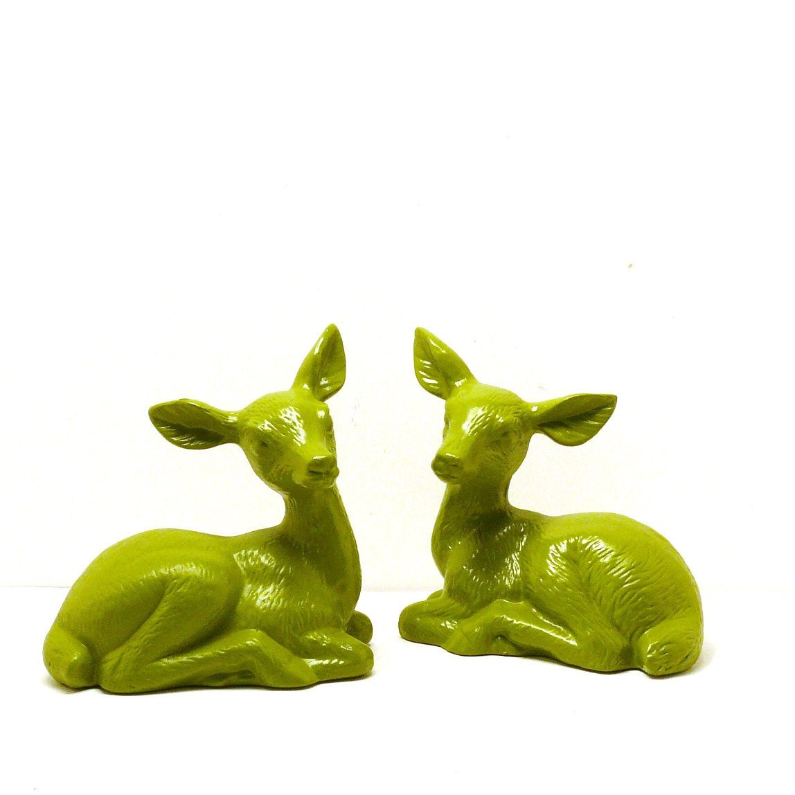 RESERVED deer figurines // avocado green, woodland, kitschy decor, 70s, mod, forest, spring housewares, nature, upcycled