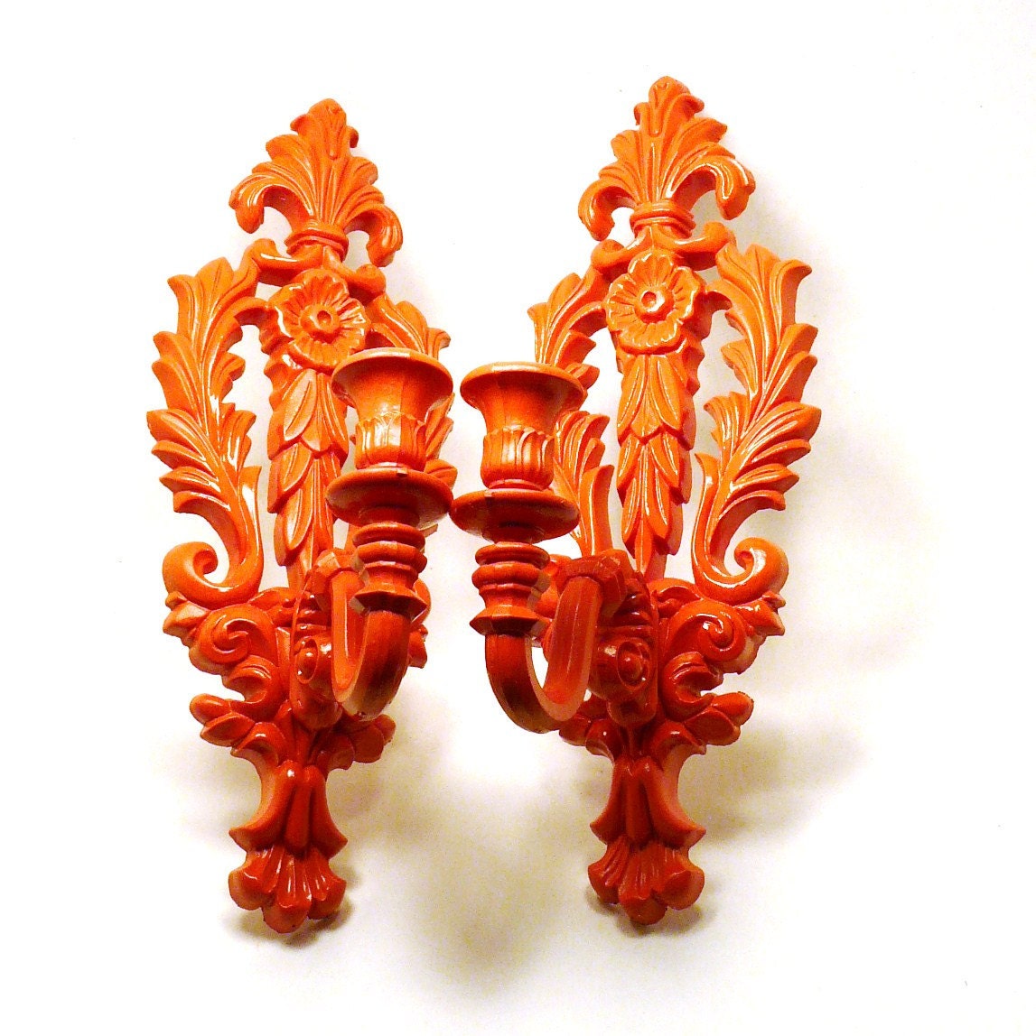 vintage wall sconces // tangerine orange home decor // upcycled syroco, retro victorian regency candle holders, wall hangings