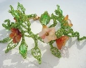 Garden Delight  Bracelet Crocheted Wire with Carnelian Flowers - dragonswire