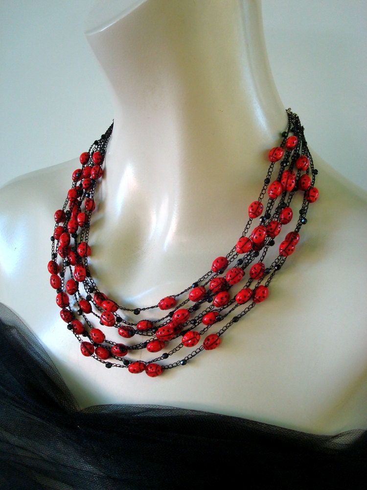 Crocheted Necklace Ladybug Parade Black and Red