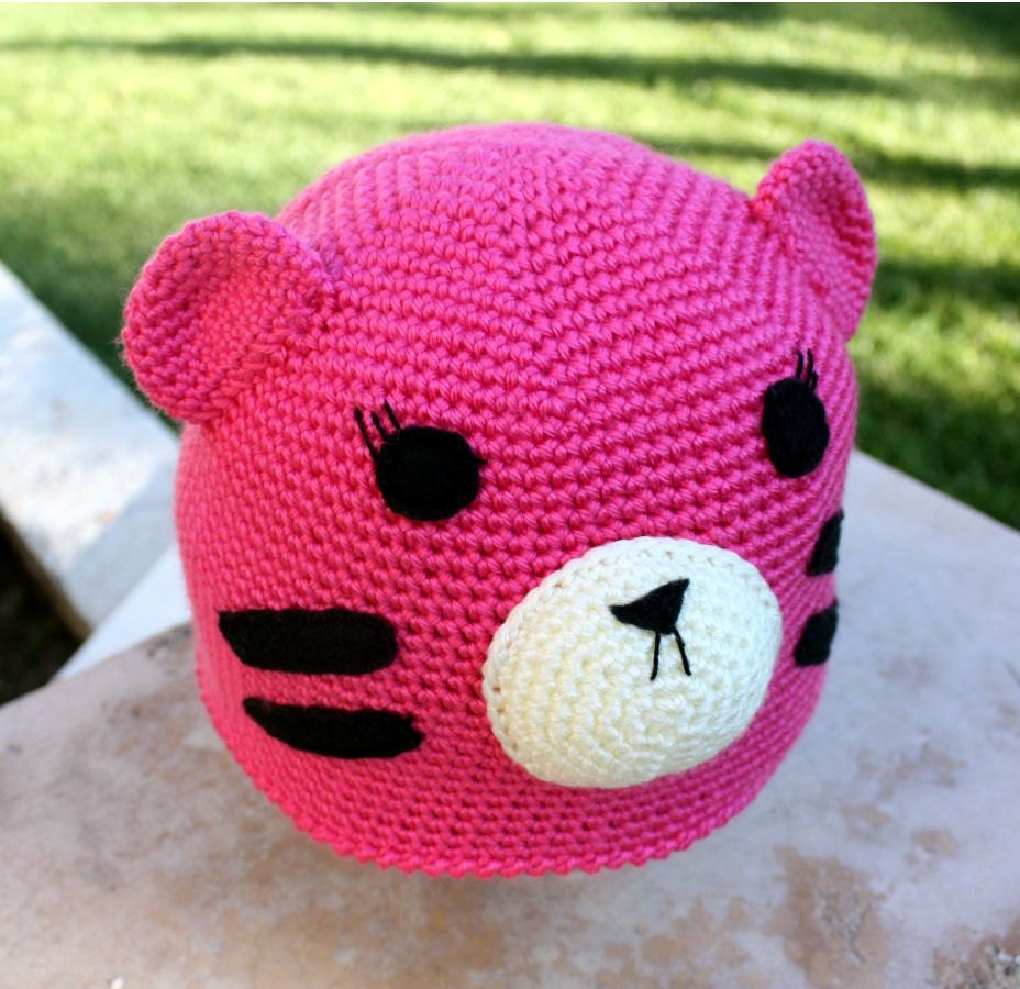Hot Pink Tiger Hat : Super Cute Kawaii  Japanese -ish Handmade Crochet Beanie Hat