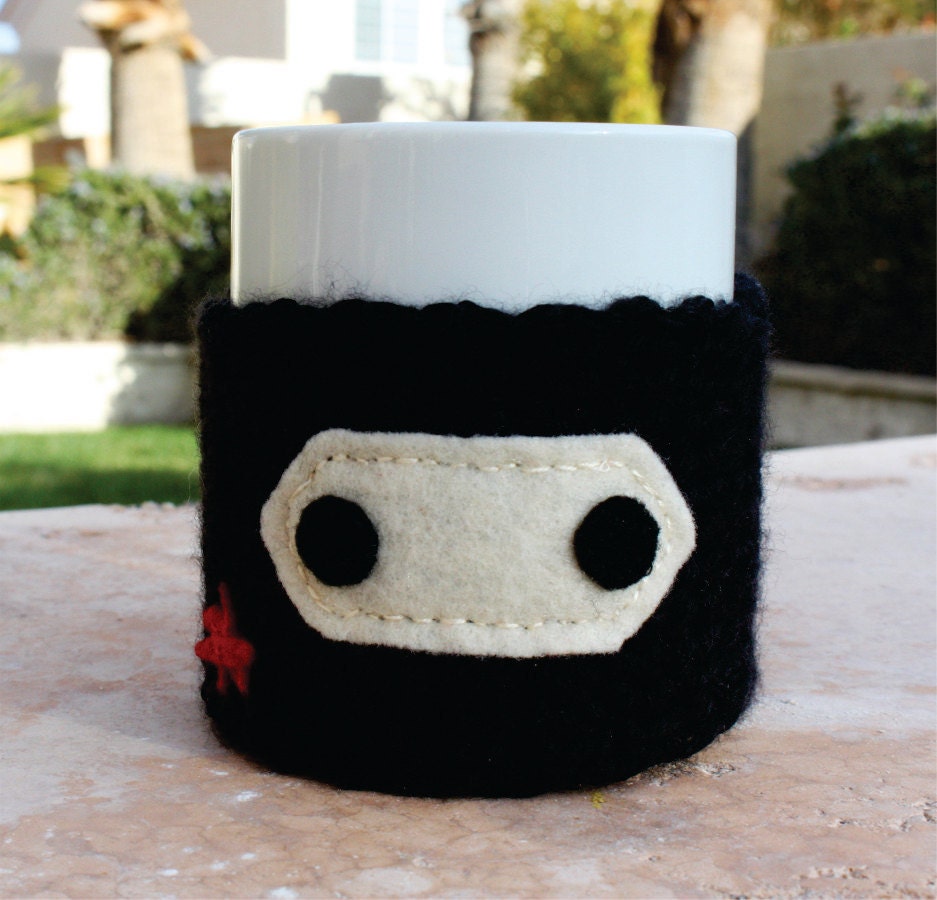 Ninja With Star Coffee Mug Tea Cup Cozy: Awesomely Cool Japanese -ish Crochet Knit Sleeve