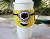 Despicable Me Minion -ish Travel Coffee Cup Cozy - One - Eyed Minion Eco - Friendly Crochet Sleeve