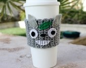 Totoro with Leaf Inspired Coffee Travel Mug Cup Cozy: Japanese Anime Cartoon Crochet Knit Sleeve