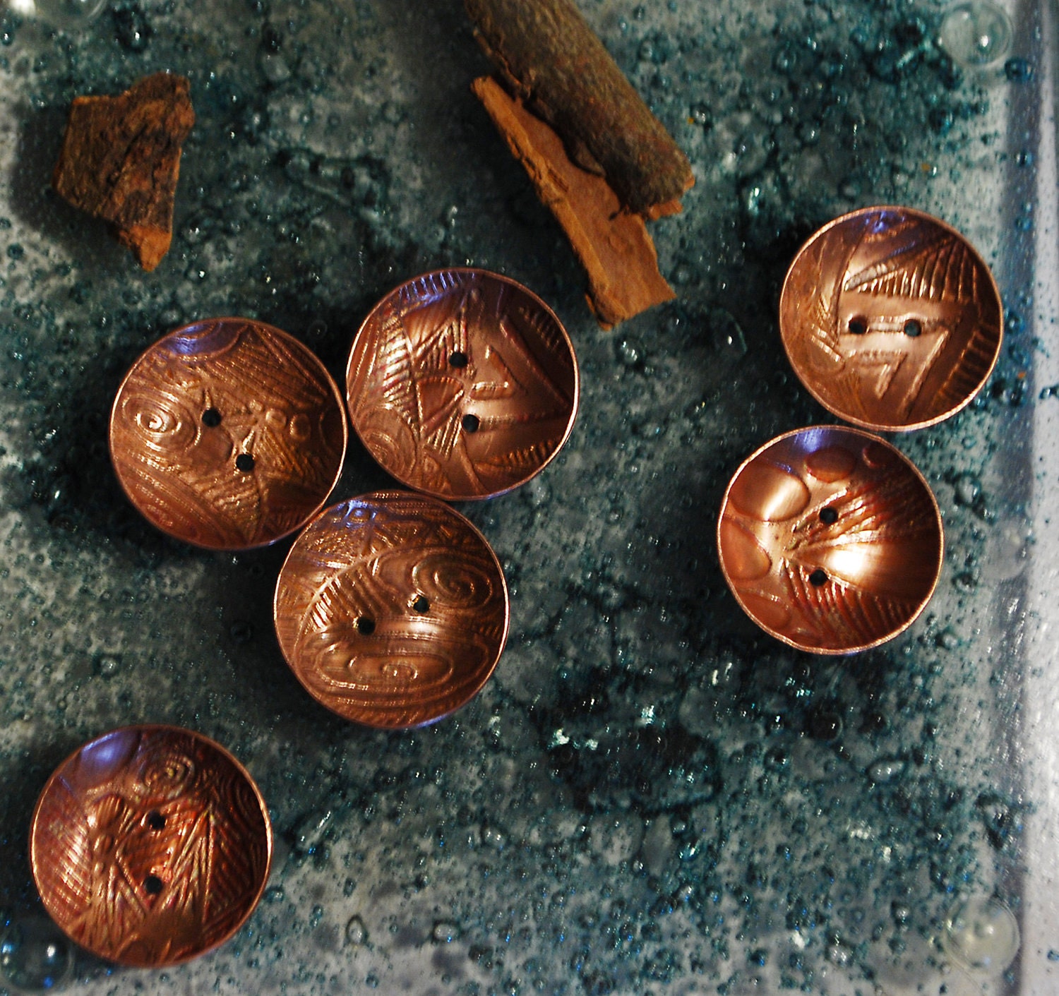 Handmade Copper buttons- spiral copper buttons - Medium Etched copper buttons - x6