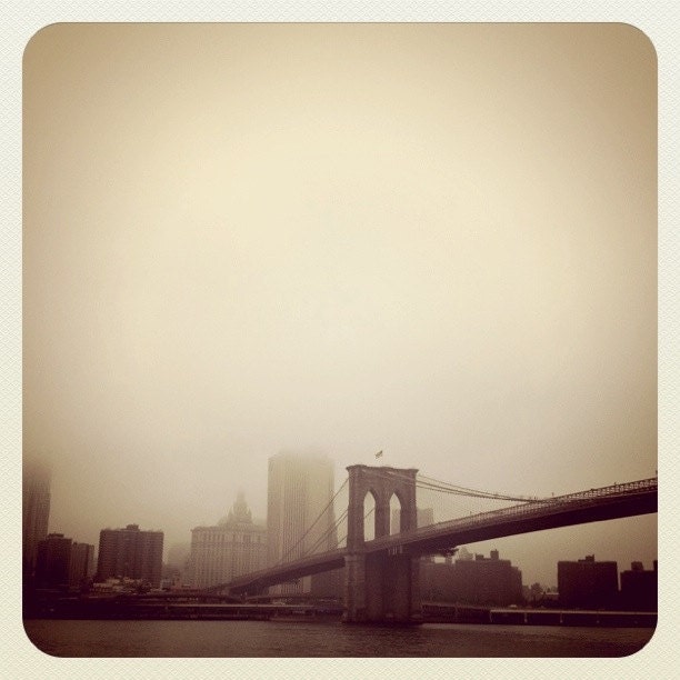 brooklyn bridge in fog 5x5 photograph iphoneography brooklyn, NY vintage feel home decor gift idea