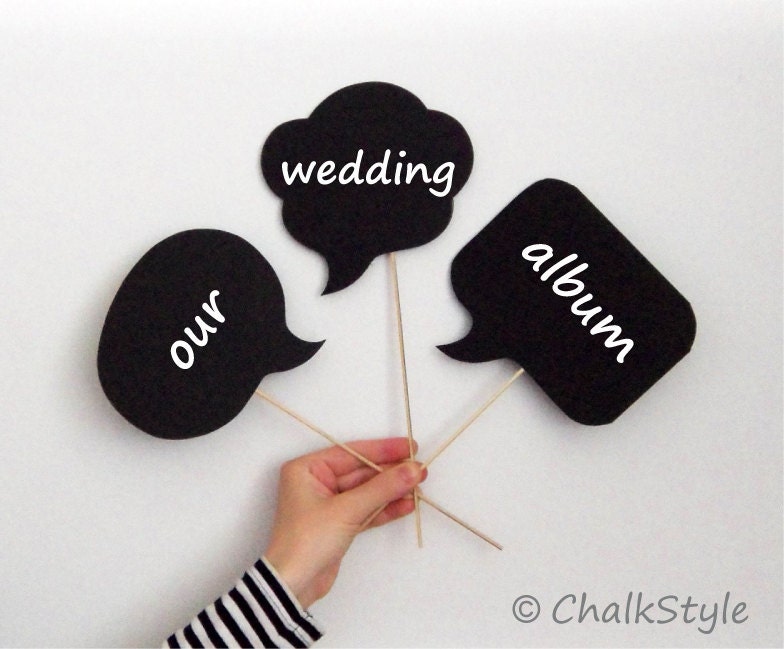 Set of 3 Wedding or Engagement Photo Booth Props Chalkboard Speech Bubbles on a Stick -- Two Sided Chalk Boards