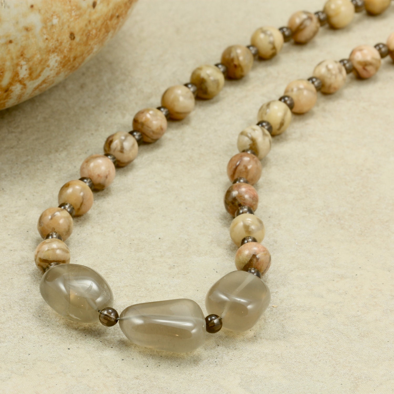 Tan Feldspar and Smoky Quartz Nugget Strand Necklace, Chunky Necklace