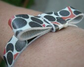 Leather Bracelet Pink Black Polka Dot Bow Recycled Reclaimed Cuff with Snap